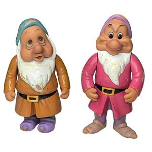Vintage 2 Disney Snow White Dwarfs  Dolls Vinyl Toy Sleepy Grumpy Dolls Rare
